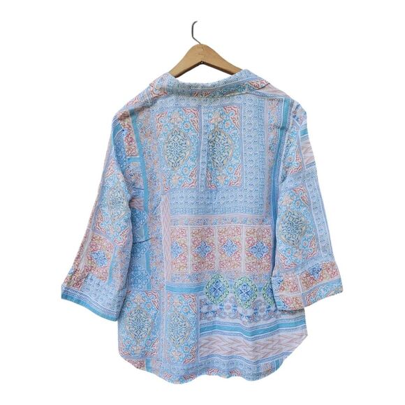 Chico's No Iron 100% Linen Button Up Top Sz 2 (12) Pastel Patchwork Bohemian - Picture 2 of 7